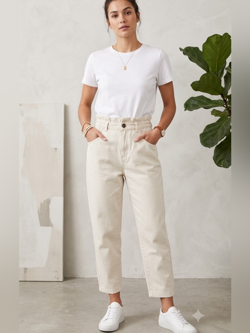 100% Cotton Who What Wear High-Rise Paperbag Waist Jeans — Cream  6 High Waist